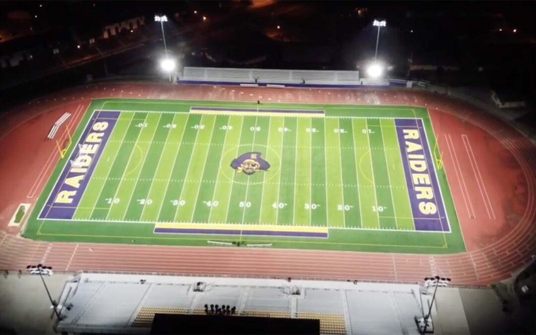 Aerial photo of the football field lit by LED lighting.