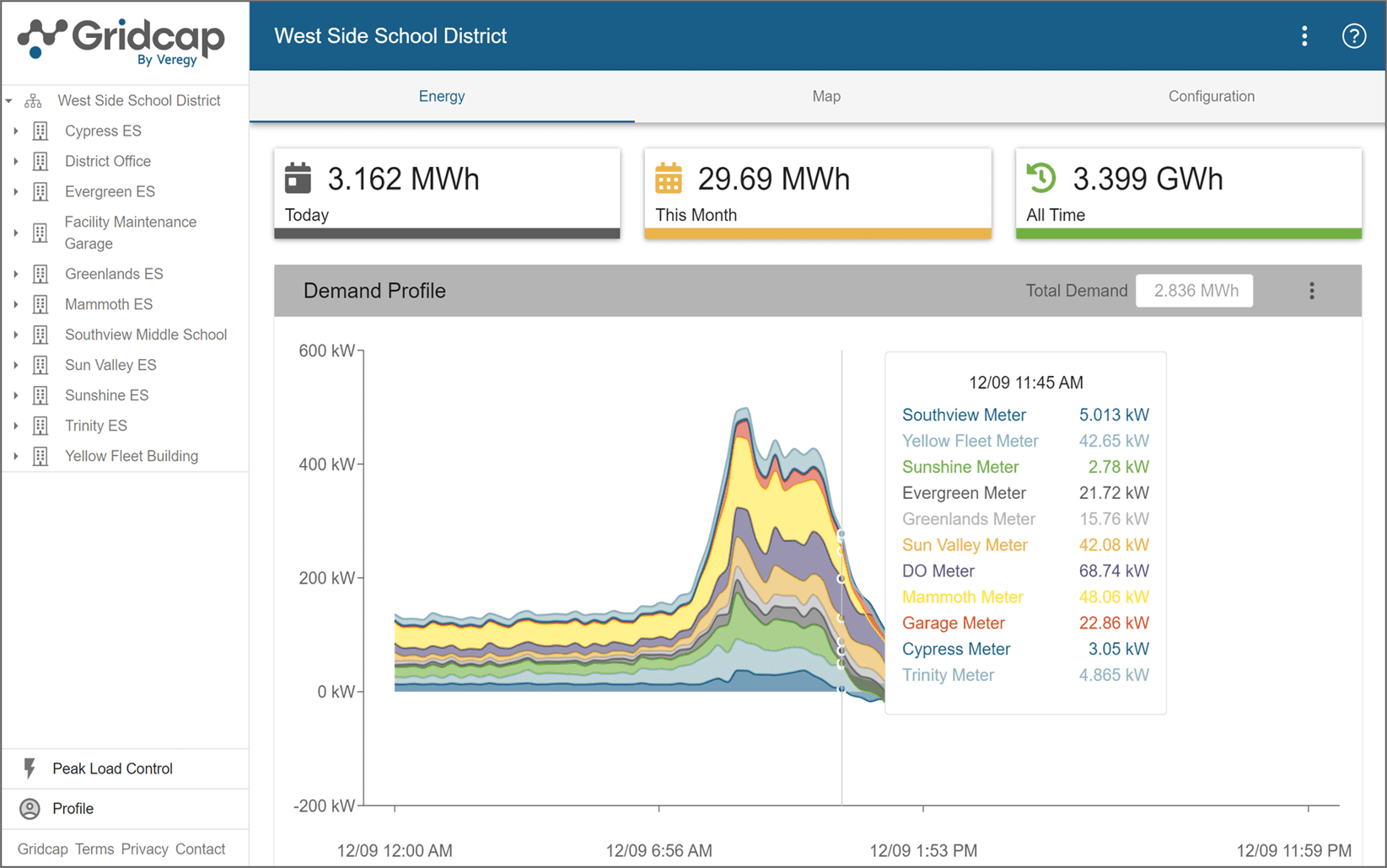 Monitor, analyze, and visualize savings in real time with live energy dashboards in Gridcap.