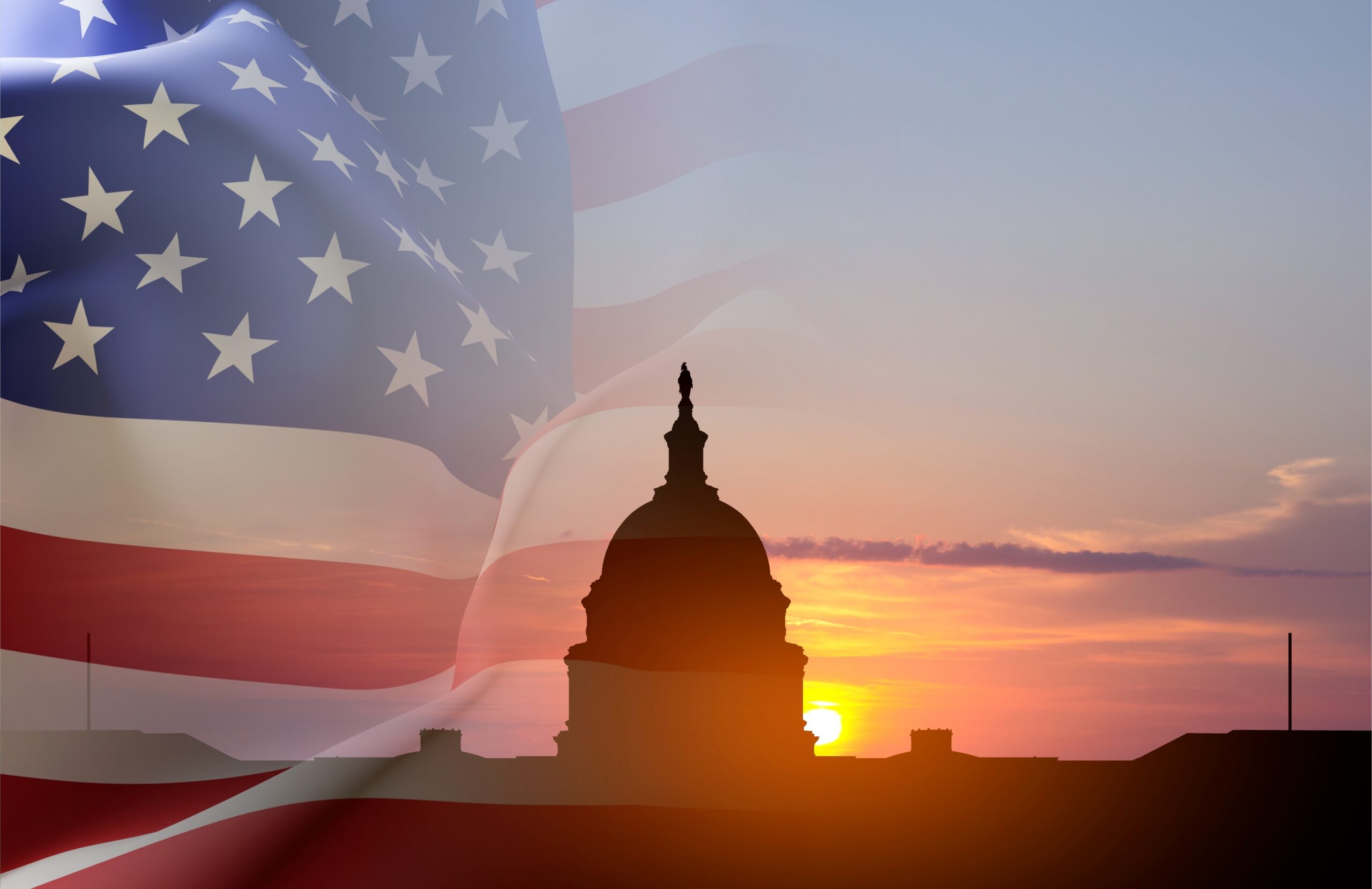United,States,Capitol,Building,Silhouette,And,Us,Flag,Against,The