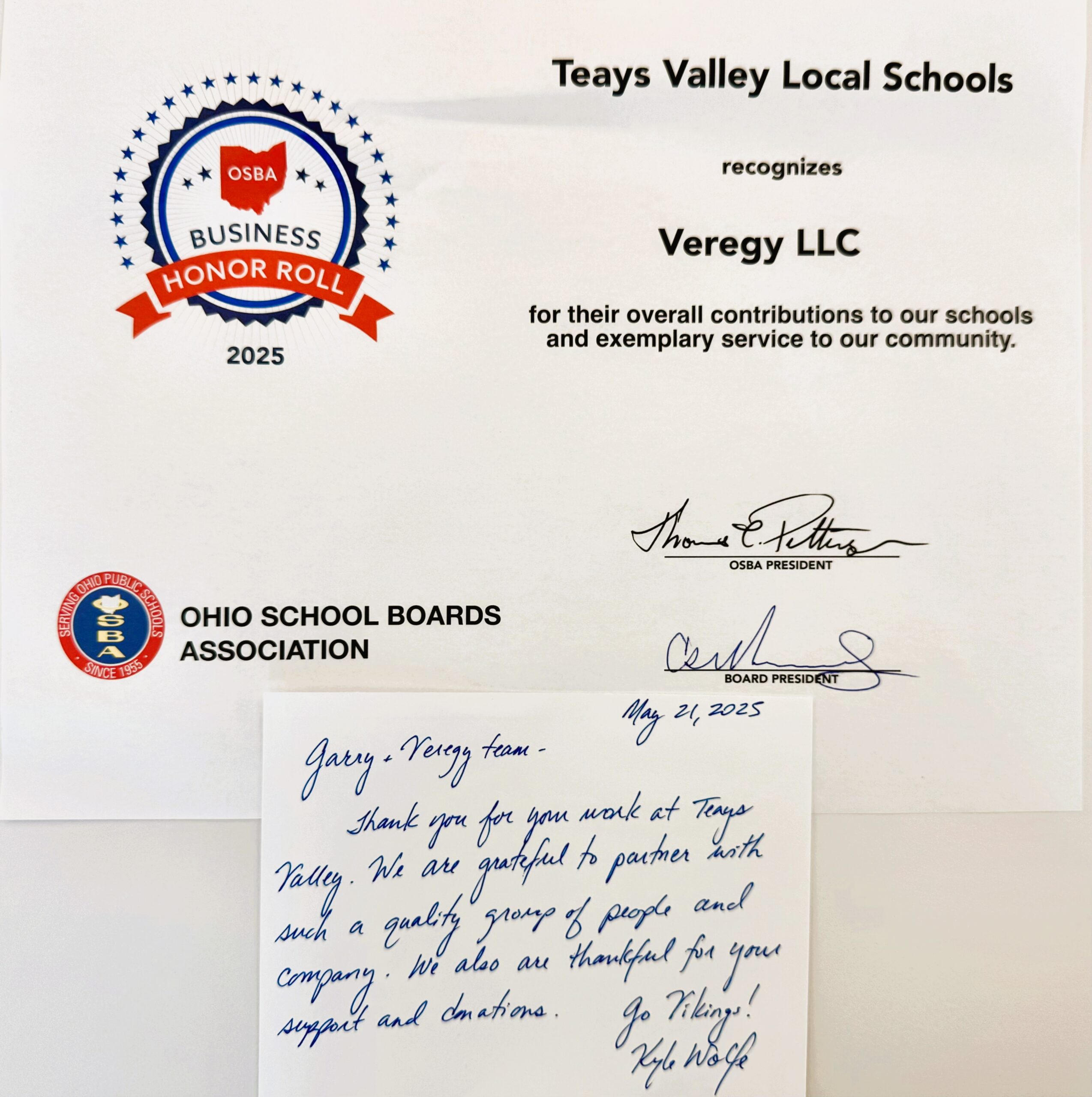 Teays Valley OSBA Veregy Recognition